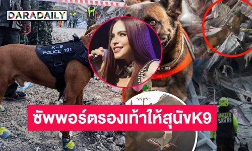 นักร้องดังซัพพอร์ตรองเท้าให้สุนัขK9 ช่วยค้นหาผู้ที่ติดอยู่ใต้ซากอาคารถล่ม สตง. จากเหตุแผ่นดินไหว